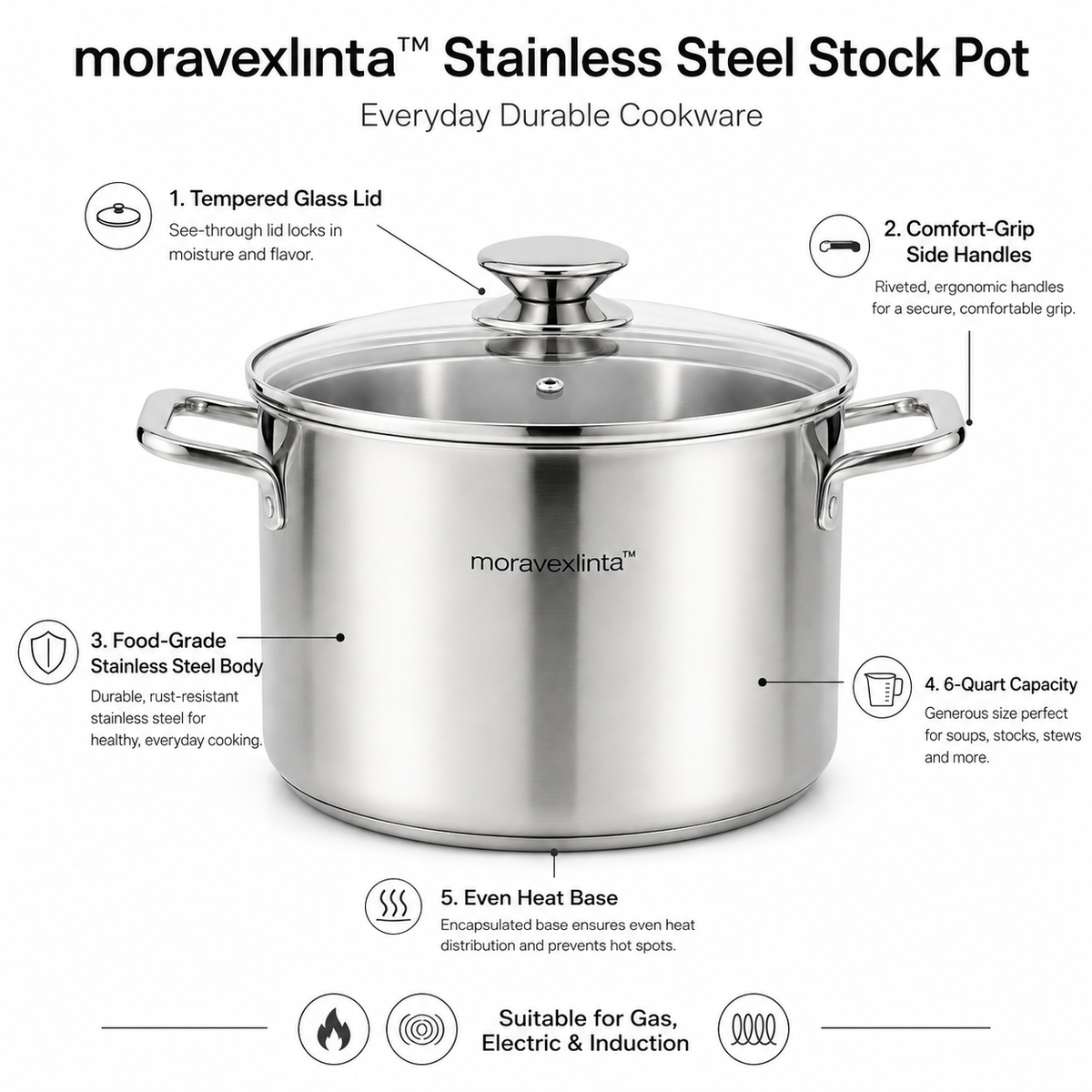 moravexlinta™ 6-Quart Stainless Steel Stock Pot with Glass Lid