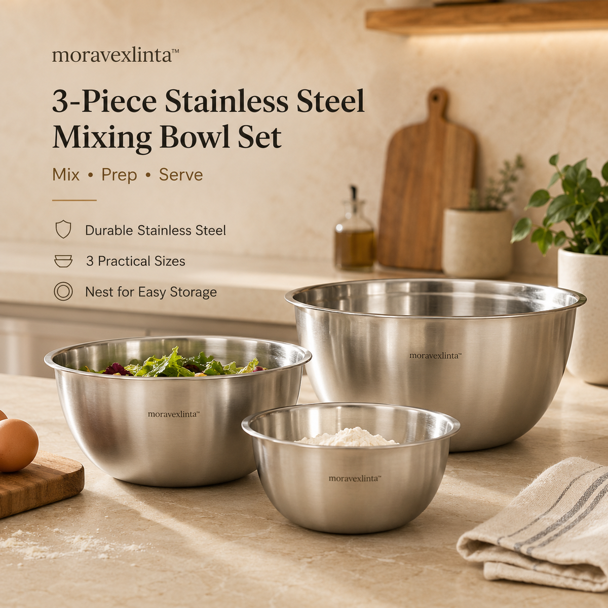 moravexlinta™ 3-Piece Stainless Steel Mixing Bowl Set